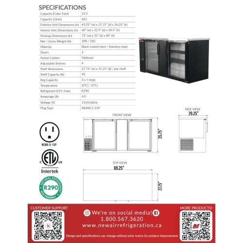 New Air NBB-69-SG Double Glass Door 69″ Back Bar Refrigerator Cooler - 665 L / 23.5 Cu. Ft. - Ideal for Bars, Restaurants, Hotels & Cafés