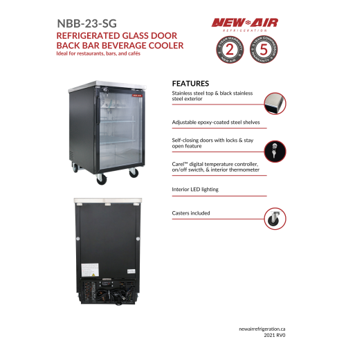 New Air NBB-23-SG Single Glass Door 23″ Back Bar Refrigerator Cooler - 220 L / 7.8 Cu. Ft. - Ideal for Bars, Restaurants, Hotels & Cafés