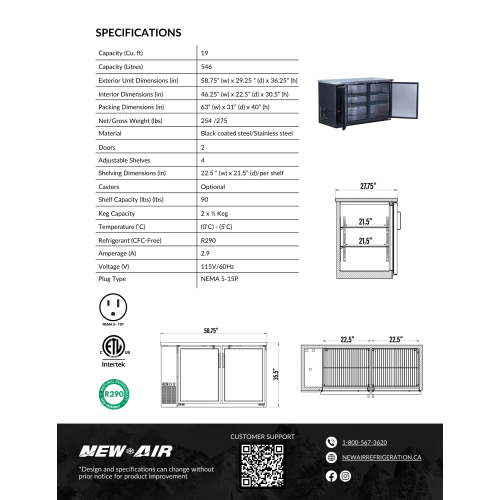Nouveau réfrigérateur de bar à porte double solide NBB-60-SB de 60 po d'air - 546 L/19 pi3 avec - Idéal pour les bars, restaurants, hôtels et