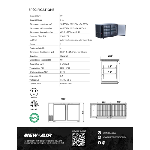Nouveau réfrigérateur de bar à porte double solide NBB-60-SB de 60 po d'air - 546 L/19 pi3 avec - Idéal pour les bars, restaurants, hôtels et