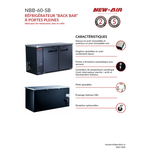Nouveau réfrigérateur de bar à porte double solide NBB-60-SB de 60 po d'air - 546 L/19 pi3 avec - Idéal pour les bars, restaurants, hôtels et