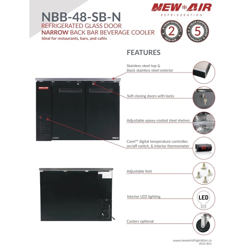 Nouveau réfrigérateur de bar à boissons Air NBB-48-SB à porte simple solide de 48 po. Idéal pour les bars, les restaurants, les hôtels et les cafés