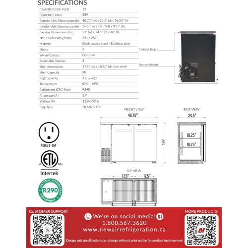 Nouveau réfrigérateur de bar à boissons Air NBB-48-SB à porte simple solide de 48 po. Idéal pour les bars, les restaurants, les hôtels et les cafés
