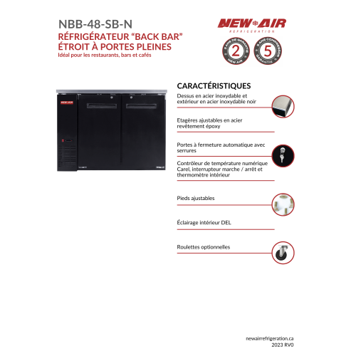 Nouveau réfrigérateur de bar à boissons Air NBB-48-SB à porte simple solide de 48 po. Idéal pour les bars, les restaurants, les hôtels et les cafés