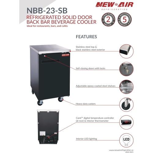 New Air NBB-23-SB Single Solid Door 23″ Back Bar Beverage Refrigerator Cooler - 220 L / 7.8 Cu. Ft. - Ideal for Bars, Restaurants, Hotels & Cafés