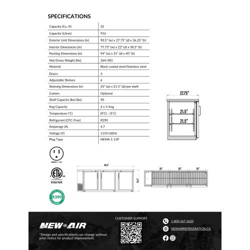 New Air NBB-90-SG Triple Glass Door 90″ Back Bar Refrigerator Cooler - 916 L / 32 Cu. Ft. - Ideal for Bars, Restaurants, Hotels & Cafés