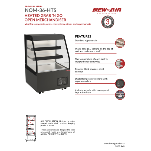 NEW AIR NOM-36-HTS Commercial 36" Mid Profile 6 Cu. Ft. Double Shelf Heated Open Merchandiser - Ideal for Restaurants, Cafés, Convenience Stores &