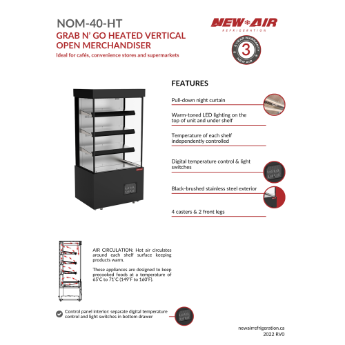 NEW AIR NOM-40-HT Commercial 40" Triple Shelf Grab 'N Go Heated Open Merchandiser - Ideal for Restaurants, Cafés, Convenience Stores and Supermarkets