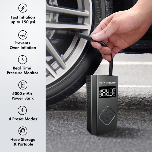 Pion Power M18 Air Compressors Tire Inflator with LED light and 5000mAh Power Bank
