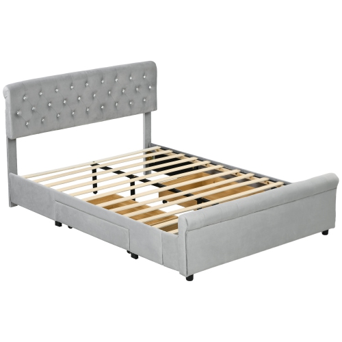 HOMCOM Full Size Platform Bed Frame with 2 Drawers, Upholstered Headboard with Crystal Tufted Design, Wooden Slats Mattress Foundation, No Box Spring