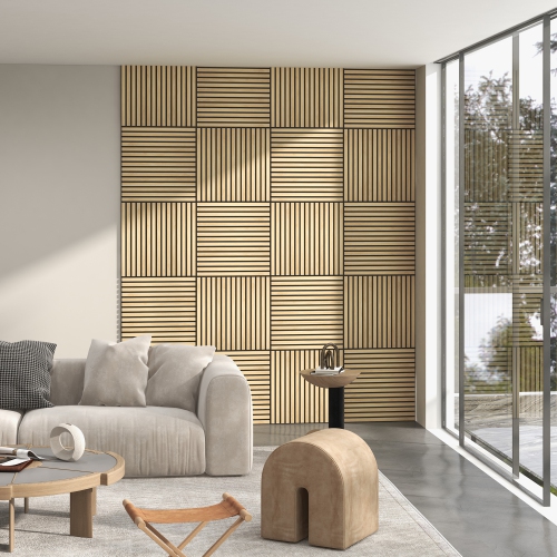 Panneaux muraux en faux bois 3D de 24 x 24 po de HOMCOM, paquet de 4 panneaux acoustiques, absorbant le son et lattes antiappui pour décoration