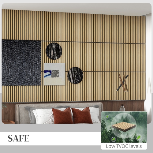 Panneaux muraux en faux bois 3D de 24 x 24 po de HOMCOM, paquet de 4 panneaux acoustiques, absorbant le son et lattes antiappui pour décoration