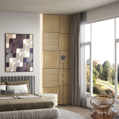 Panneaux muraux en faux bois 3D de 24 x 24 po de HOMCOM, paquet de 4 panneaux acoustiques, absorbant le son et lattes antiappui pour décoration