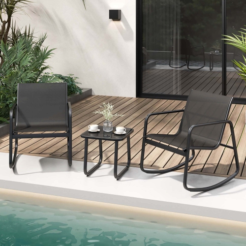 COSTWAY  3 Piece Patio Rocking Set 2 Rocking Bistro Chairs & Glass-Top Table for Porch