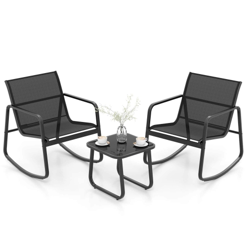 Costway 3 Piece Patio Rocking Set 2 Rocking Bistro Chairs & Glass-Top Table for Porch