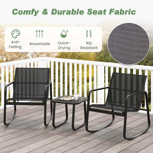 Costway 3 Piece Patio Rocking Set 2 Rocking Bistro Chairs & Glass-Top Table for Porch