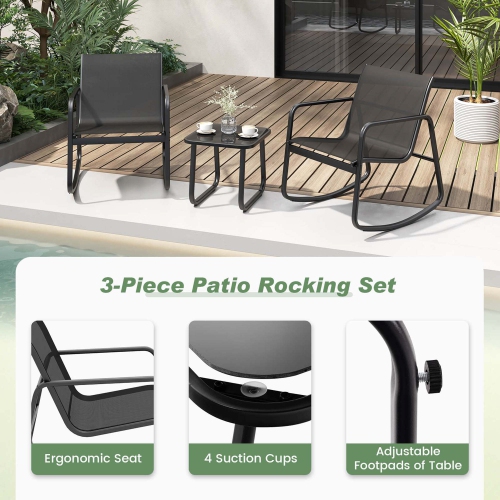 Costway 3 Piece Patio Rocking Set 2 Rocking Bistro Chairs & Glass-Top Table for Porch