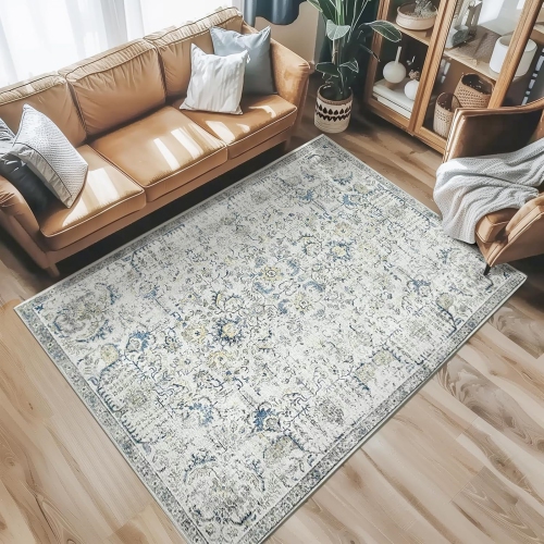 NIERBO  5 X 7 Area Rug - Large Washable Living Room Rug Vintage Distressed Floral Print Rug Retro Traditional Farmhouse Boho Rug Bedroom Rug Non Slip