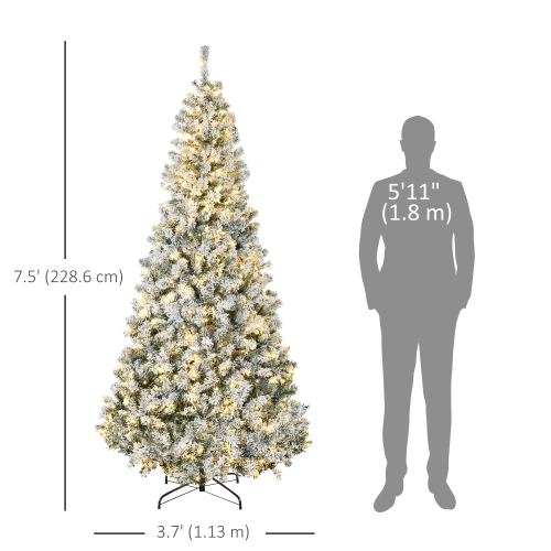 Arbre de Noël artificiel floqué illuminé par neige de HOMCOM 7.5 pi, arbre de Noël réaliste avec 500 lumières à DEL blanc chaud et 1188 pointes,