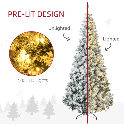 Arbre de Noël artificiel floqué illuminé par neige de HOMCOM 7.5 pi, arbre de Noël réaliste avec 500 lumières à DEL blanc chaud et 1188 pointes,