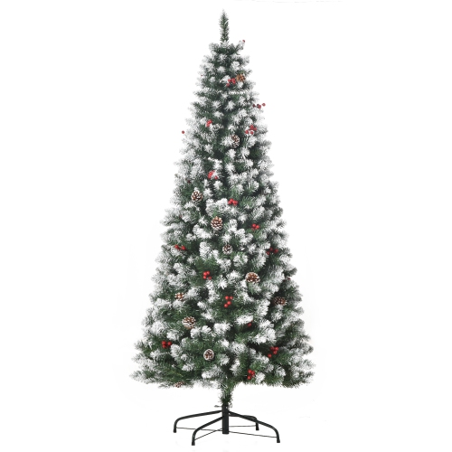HOMCOM  6Ft Flocked Pencil Christmas Tree, Slim Artificial Christmas Tree w Berries, Pine Cones, 618 Branch Tips And Metal Base, Automatic Open