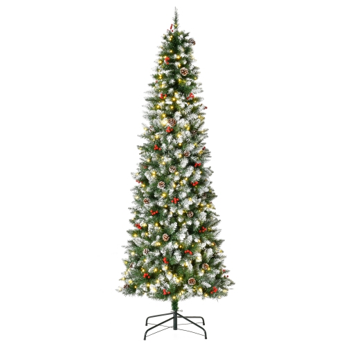 HOMCOM – Arbre de Noël en crayon à neige floqué 7,5&nbsp;pi, arbre artificiel mince illuminé, décoration des Fêtes avec lumières DEL, pommes de pin,