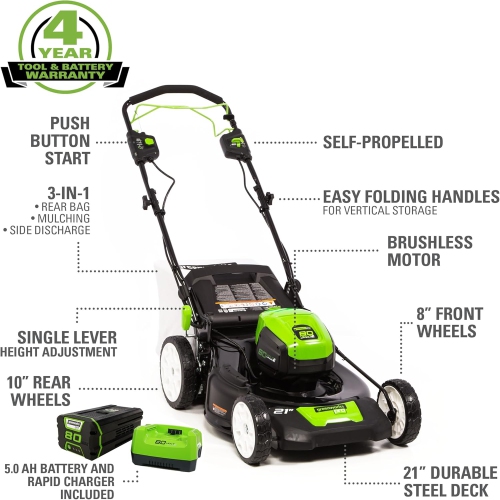 Greenworks PRO 21" 80V Self-Propelled Cordless Lawn Mower, 5.0 AH Battery Included MO80L510