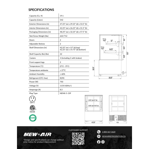 NOUVEAU présentoir de sol carré réfrigéré NDC-48-SG commercial de 48 po d'AIR - 542&nbsp;L/19,1 pi3 avec - Idéal pour les restaurants, cafés et