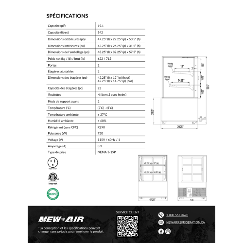 NOUVEAU présentoir de sol carré réfrigéré NDC-48-SG commercial de 48 po d'AIR - 542&nbsp;L/19,1 pi3 avec - Idéal pour les restaurants, cafés et