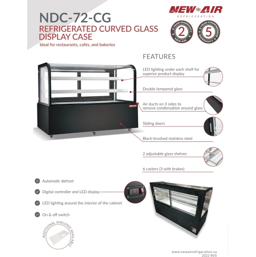 NEW AIR NDC-72-CG Commercial 72″ Curved Glass 20.1 Cu. Ft. Refrigerated Display Case - Ideal for Restaurants, Cafés & Bakeries