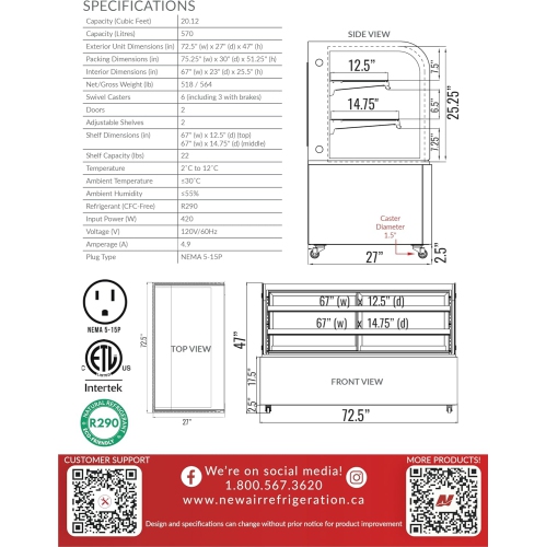 NEW AIR NDC-72-CG Commercial 72″ Curved Glass 20.1 Cu. Ft. Refrigerated Display Case - Ideal for Restaurants, Cafés & Bakeries