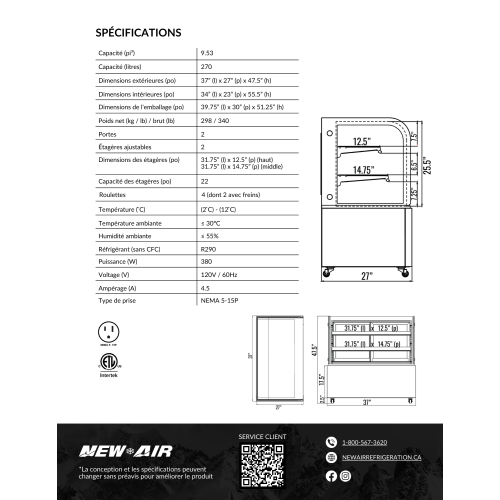 NEW AIR NDC-36-CG Commercial 36″ Curved Glass 9.5 Cu. Ft. Refrigerated Display Case - Ideal for Restaurants, Cafés & Bakeries