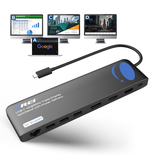OREI SplitXtend Docking Hub with USB-C input, USB-A, Ethernet, DP, Power delivery up to 85 Watt and up to 3 Extended Displays