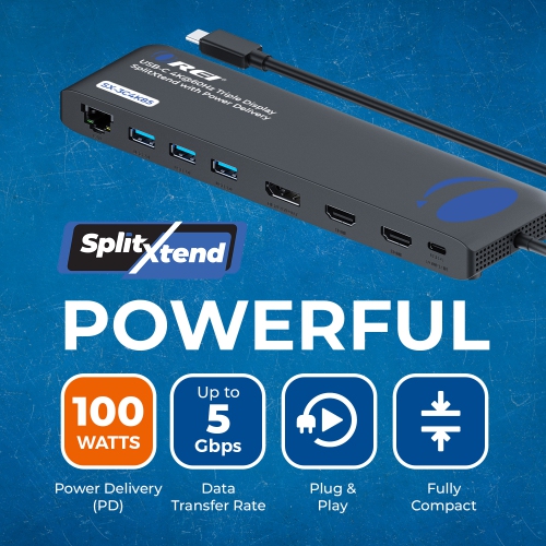OREI SplitXtend Docking Hub with USB-C input, USB-A, Ethernet, DP, Power delivery up to 85 Watt and up to 3 Extended Displays