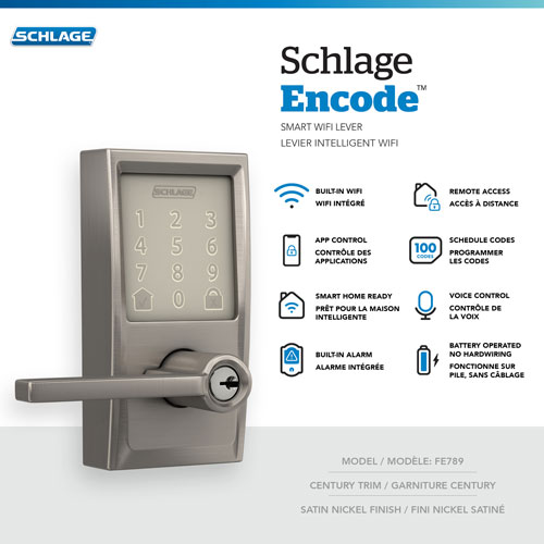 Serrure intelligente Wi-Fi Encode Latitude de Schlage avec poignée à levier - Nickel satiné