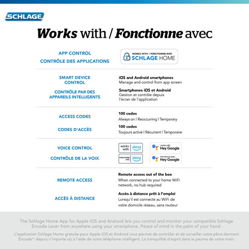 Serrure intelligente Wi-Fi Encode Latitude de Schlage avec poignée à levier - Nickel satiné
