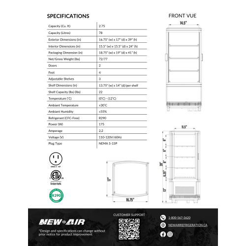 NOUVEAU présentoir de comptoir réfrigéré libre-service commercial de 19 po NCD-19-SV d'AIR – idéal pour les cafés, les restaurants et les dépanneurs
