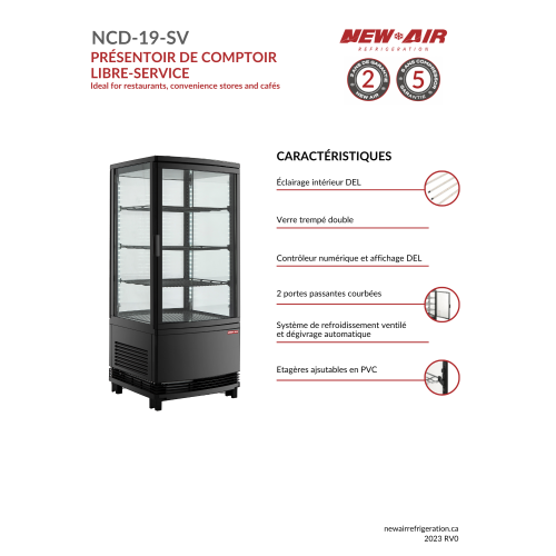 NOUVEAU présentoir de comptoir réfrigéré libre-service commercial de 19 po NCD-19-SV d'AIR – idéal pour les cafés, les restaurants et les dépanneurs