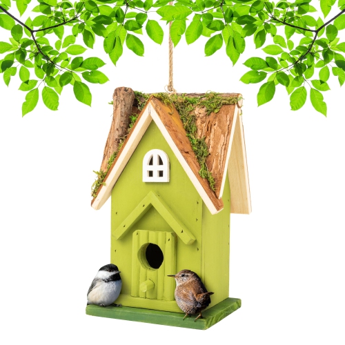 MEKKAPRO Rustic Handcrafted Wooden Birdhouse with Natural Moss Detail - Inviting Garden Sanctuary for Birds