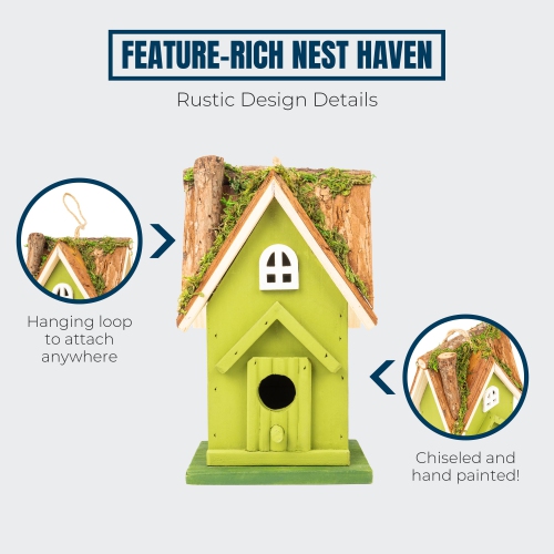 MEKKAPRO Rustic Handcrafted Wooden Birdhouse with Natural Moss Detail - Inviting Garden Sanctuary for Birds