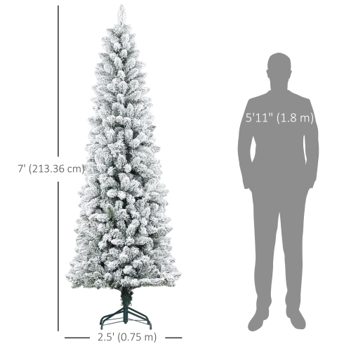 HOMCOM 7ft Tall Pencil Christmas Tree, Artificial Flocked Christmas Tree with 687 Branch Tips and Steel Base, Holiday Décor for Home Office, Green