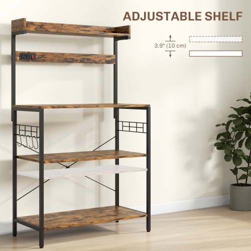 HOMCOM Kitchen Bakers Rack with Power Outlet, Microwave Stand, Coffee Bar with Adjustable Shelves, 5 Hooks for Spices, Pots and Pans, Rustic Brown