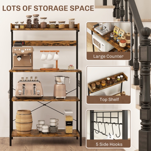 HOMCOM Kitchen Bakers Rack with Power Outlet, Microwave Stand, Coffee Bar with Adjustable Shelves, 5 Hooks for Spices, Pots and Pans, Rustic Brown