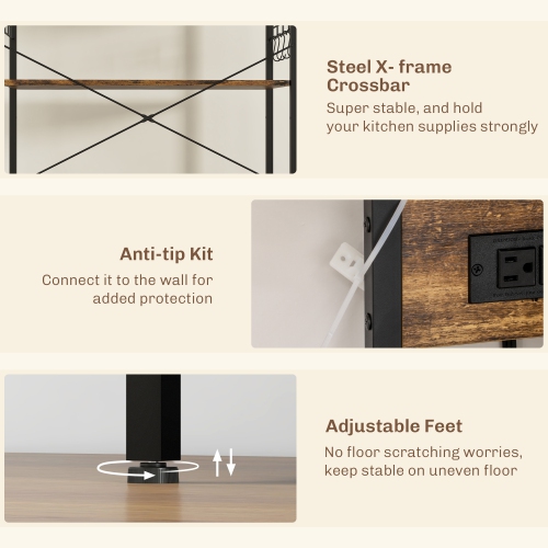 HOMCOM Kitchen Bakers Rack with Power Outlet, Microwave Stand, Coffee Bar with Adjustable Shelves, 5 Hooks for Spices, Pots and Pans, Rustic Brown