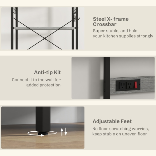 HOMCOM – Support à pâtisserie avec prise d’alimentation, support pour micro-ondes, barre à café avec tablettes réglables, 5 crochets pour épices,