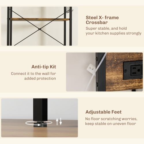 HOMCOM – Support à pâtisserie avec prise d’alimentation, support pour micro-ondes, barre à café avec tablettes réglables, 5 crochets pour épices,