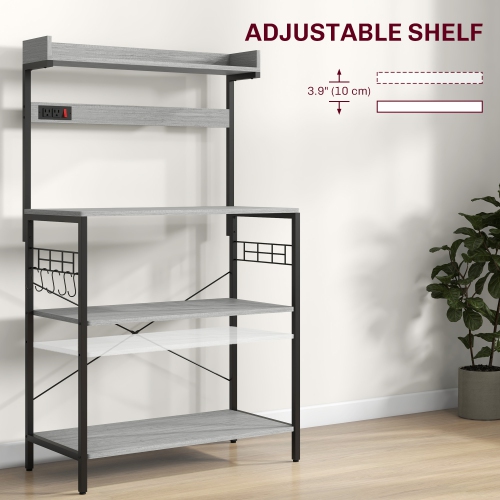 HOMCOM – Support à pâtisserie avec prise d’alimentation, support pour micro-ondes, barre à café avec tablettes réglables, 5 crochets pour épices,