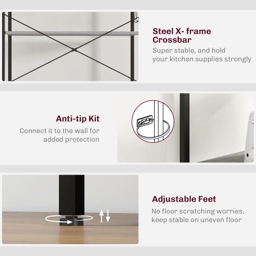 HOMCOM – Support à pâtisserie avec prise d’alimentation, support pour micro-ondes, barre à café avec tablettes réglables, 5 crochets pour épices,