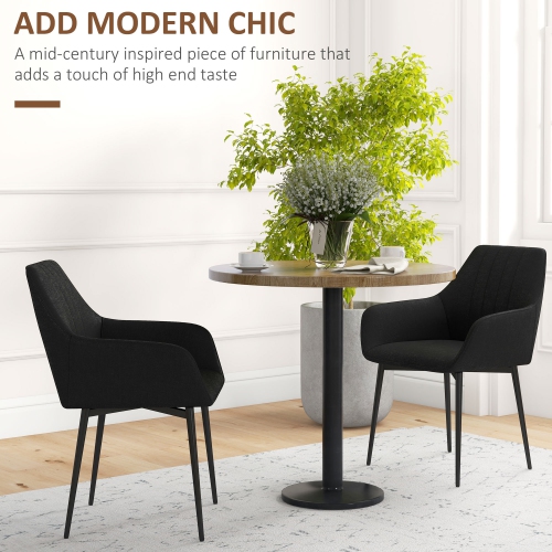 HOMCOM Dining Chairs Set of 2, Upholstered Kitchen Chairs, Linen Fabric Accent Arm Chairs with Metal Legs, Black