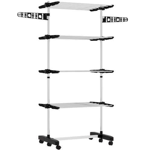 HOMCOM 4-Tier Clothes Drying Rack, Stainless Steel Laundry Rack with 2 Side Wings and 6 Castors, Collapsible Adjustable Clothes Airer for Indoor Outd